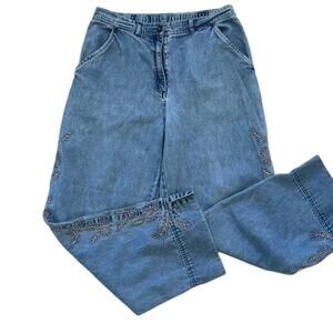 J. Jill Mid/High Rise Medium Rinse Embroidered Loose Fit Broken In Jeans, Size 8